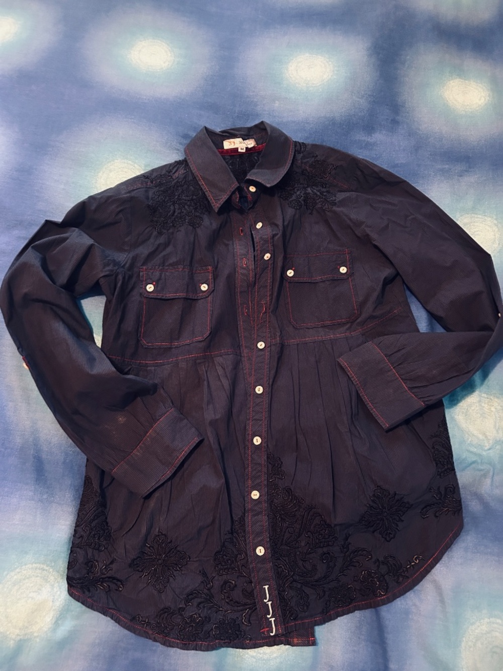 JOHNNY WAS Embroidered -Hard-to-Find Navy Blue Button-down